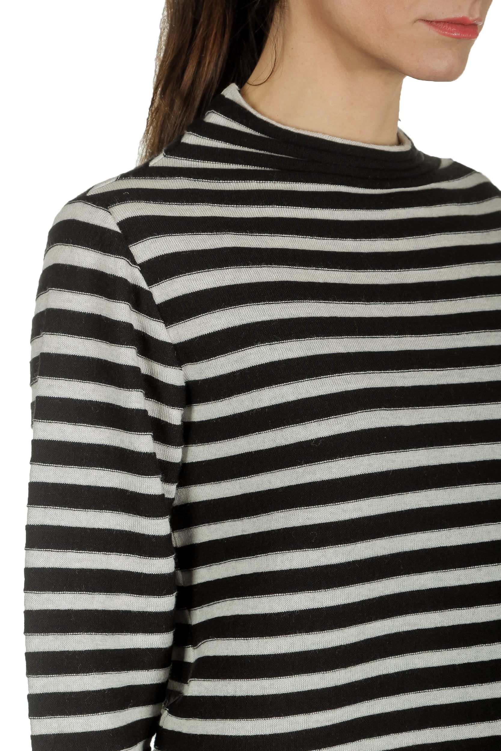 Yukai Damen Pullover mit Stehkragen gestreift schwarz weiß