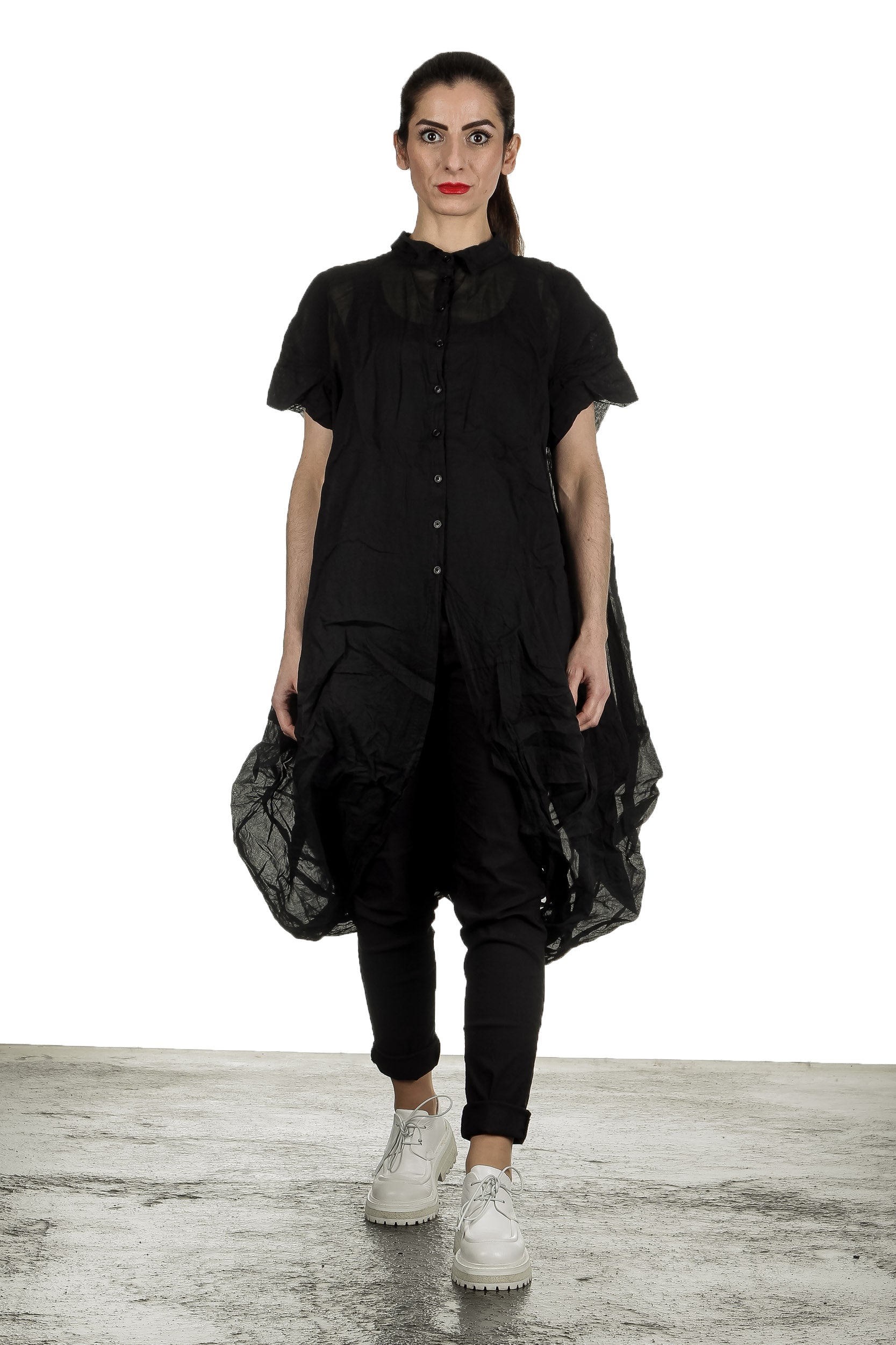 Rundholz Dip Damen gerafftes Hemdblusenkleid schwarz