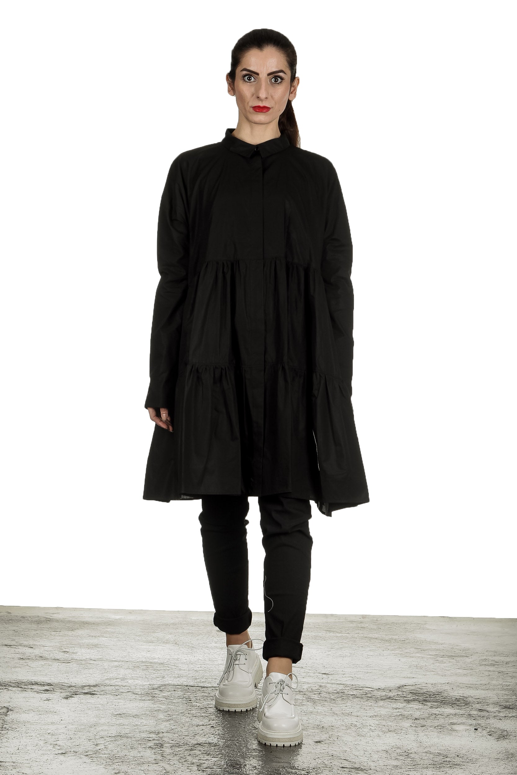 Rundholz Damen ausgestelltes Hemdblusenkleid mit Raffung schwarz