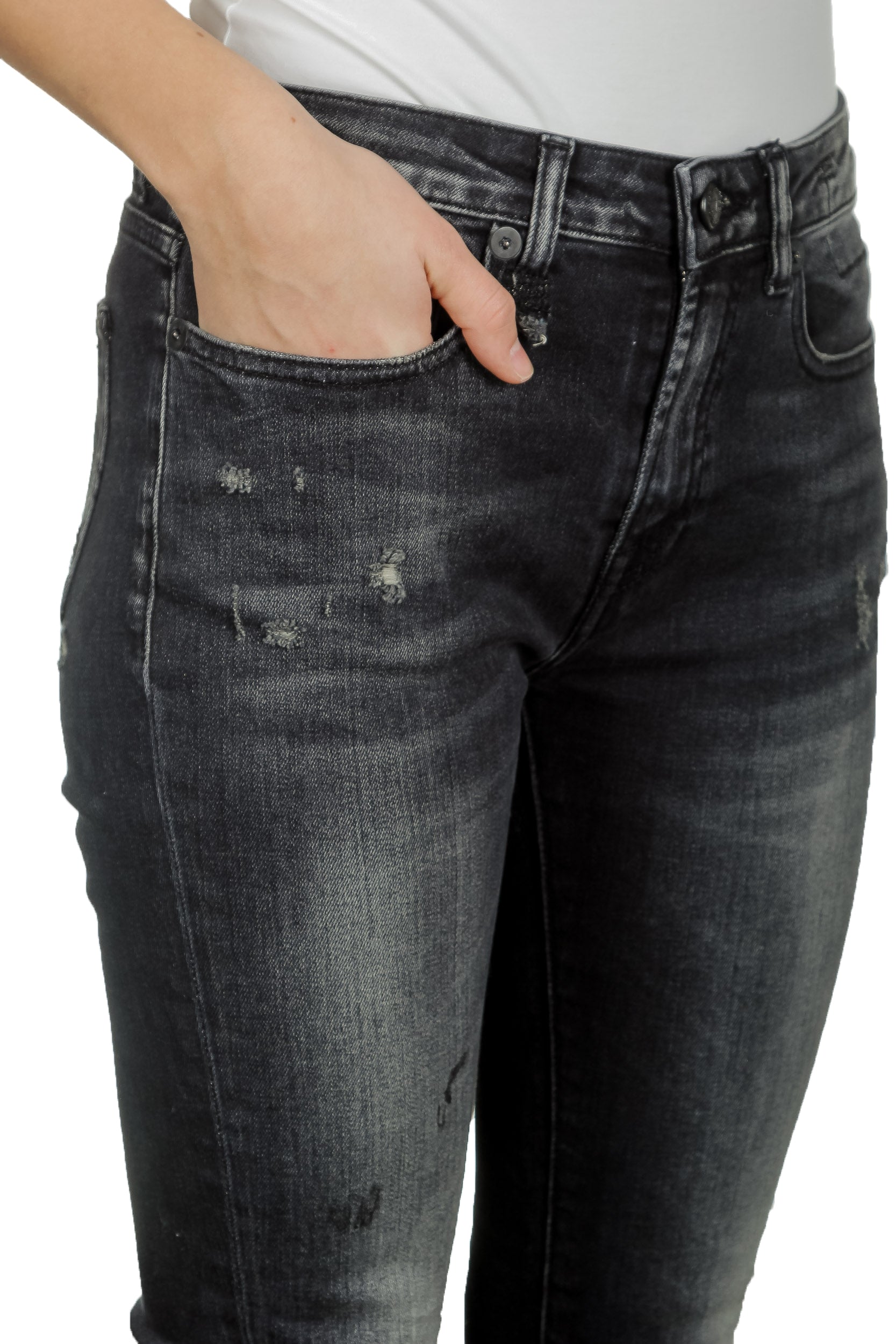 R13 Damen Distressed-Jeans mit hohem Bund schwarz