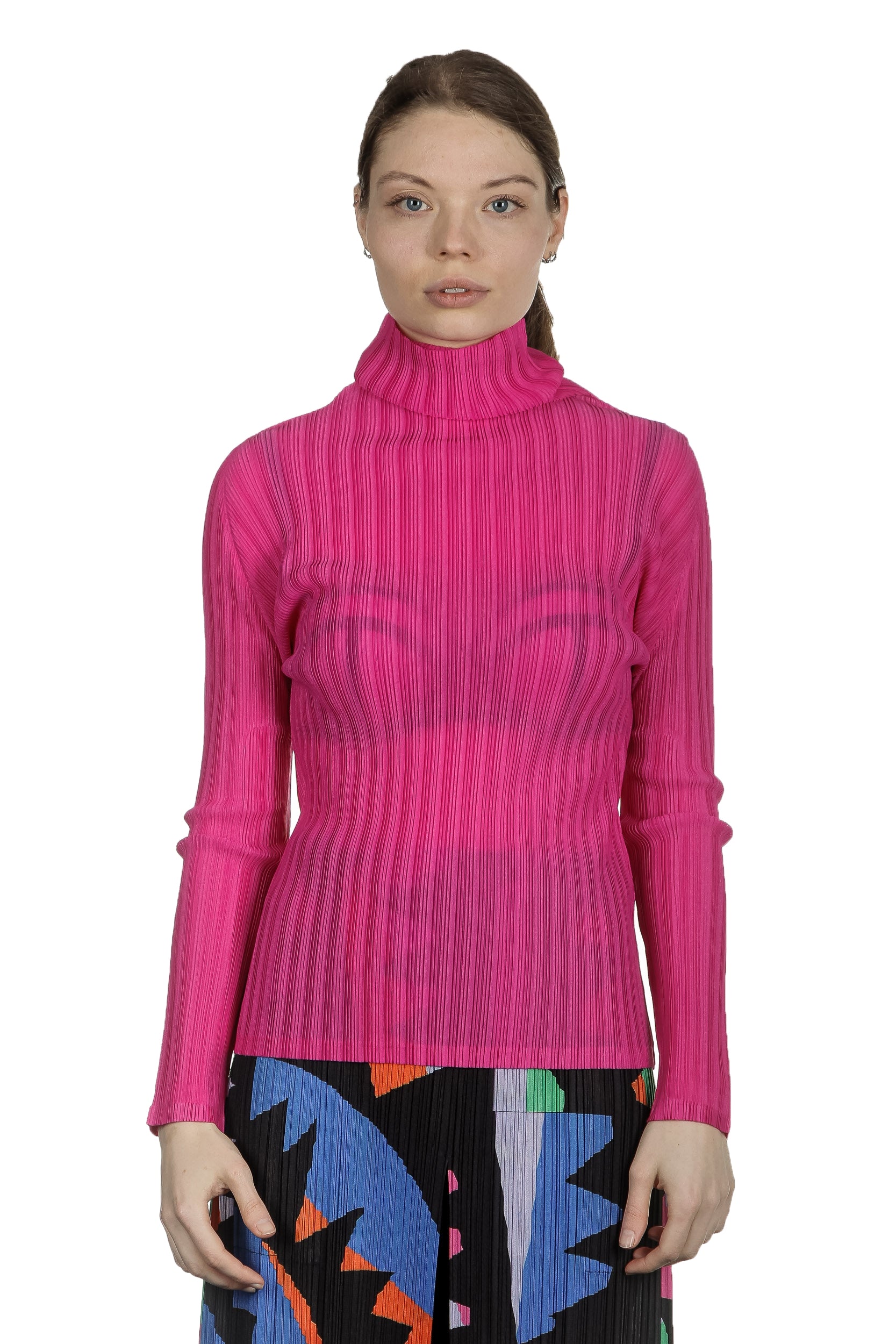 Pleats Please Issey Miyake Plissé Longsleeve Top Stehkragen pink