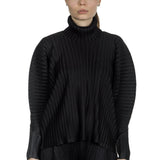 Pleats Please Issey Miyake Damen Plissiertes Langarmshirt  mit Rollkragen schwarz