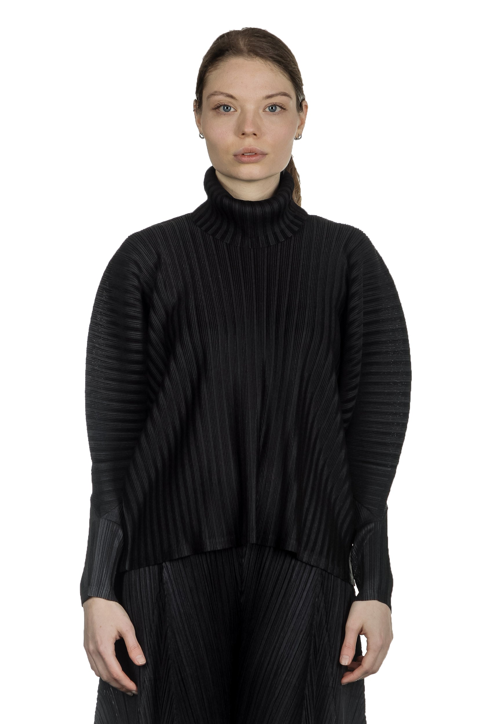 Pleats Please Issey Miyake Damen Plissiertes Langarmshirt  mit Rollkragen schwarz
