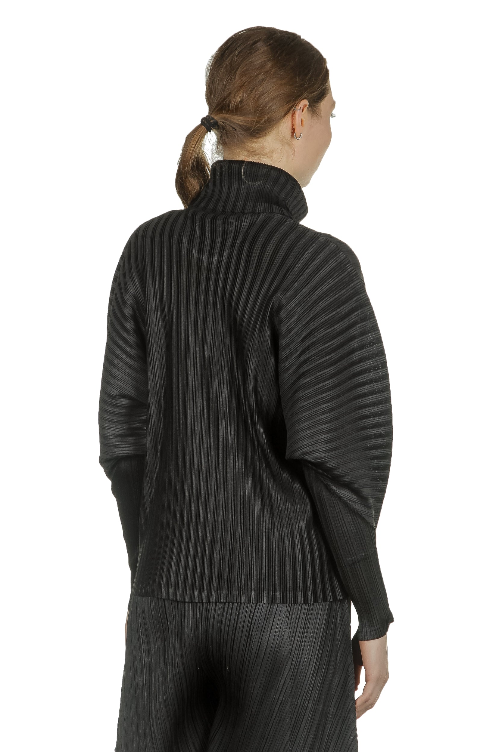 Pleats Please Issey Miyake Damen Plissiertes Langarmshirt  mit Rollkragen schwarz