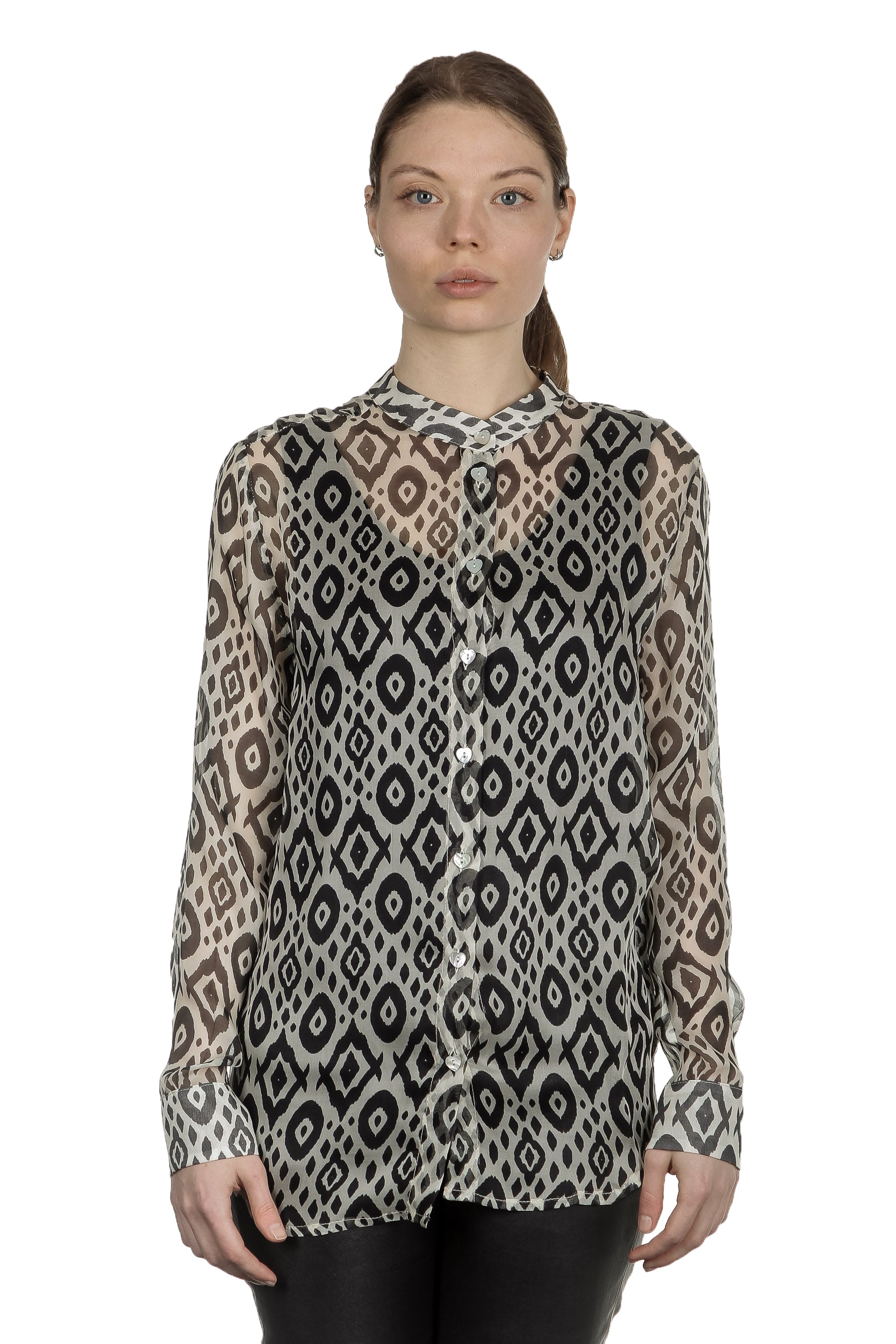 813 Ottotredici Damen Transparente Bluse mit Print aus Seide mehrfarbig