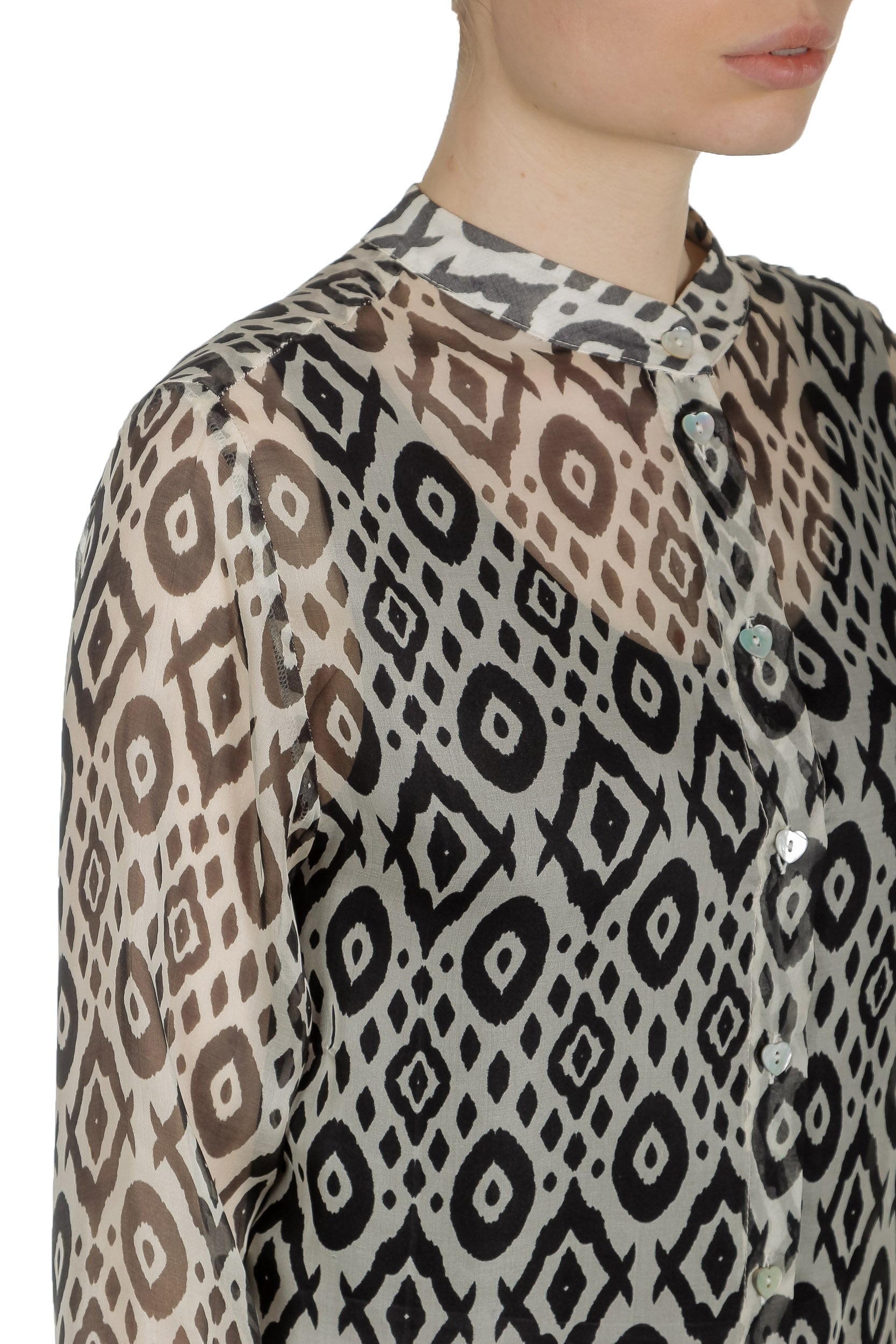 813 Ottotredici Damen Transparente Bluse mit Print aus Seide mehrfarbig