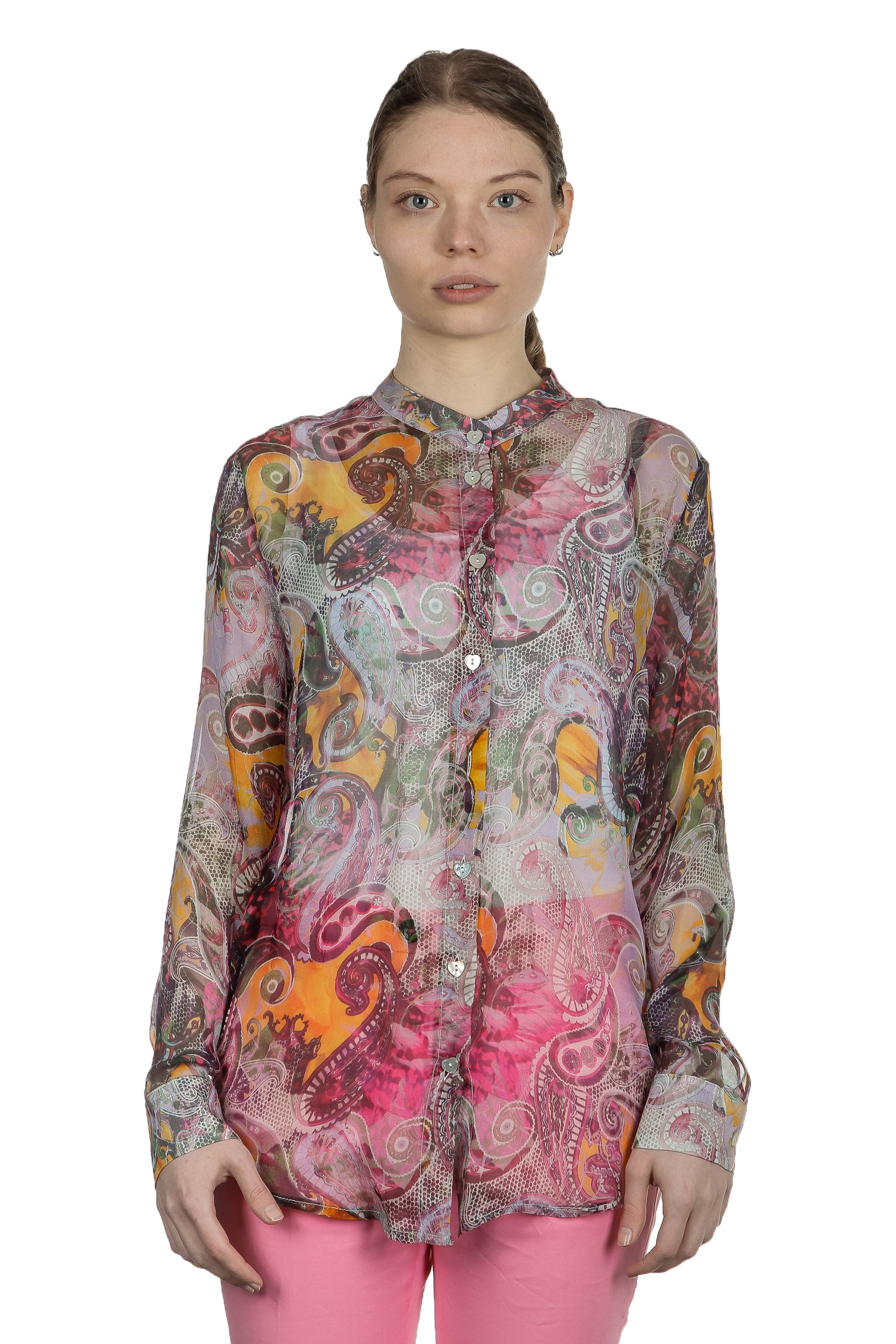 813 Ottotredici Damen Transparente Bluse mit Paisley-Print aus Seide mehrfarbig
