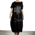 Rundholz Damen Kurzarmkleid mit Blumen-Print schwarz