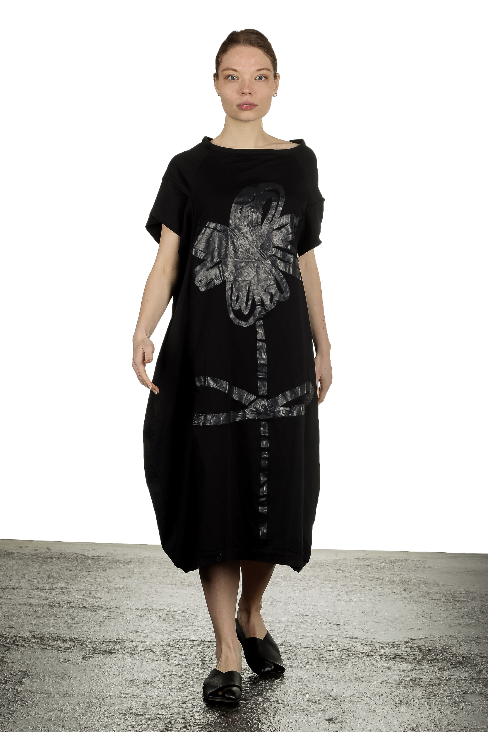 Rundholz Damen Kurzarmkleid mit Blumen-Print schwarz
