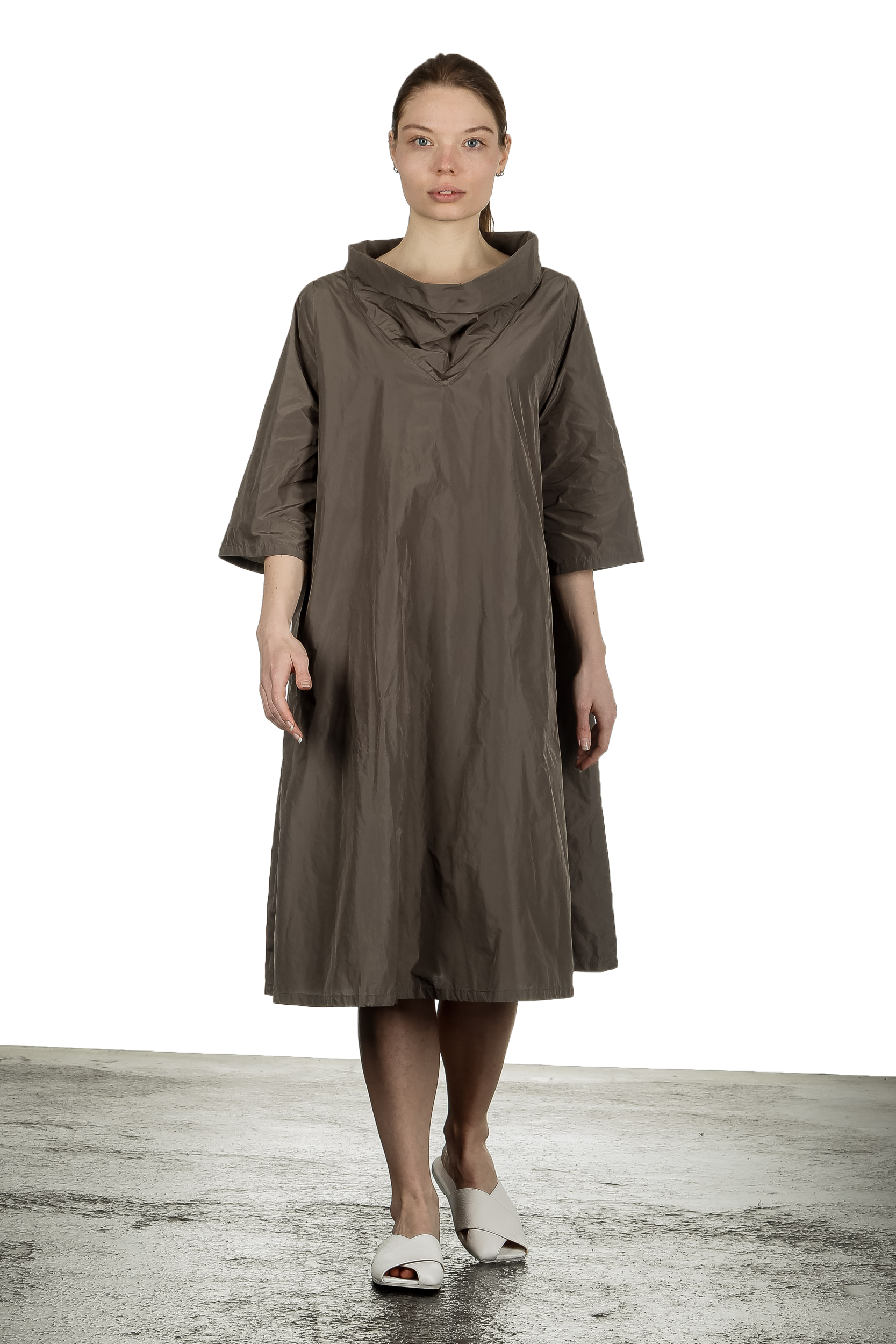 Katharina Hovman Damen Taft Kleid in A-Linie mit hohem Kragen mocca