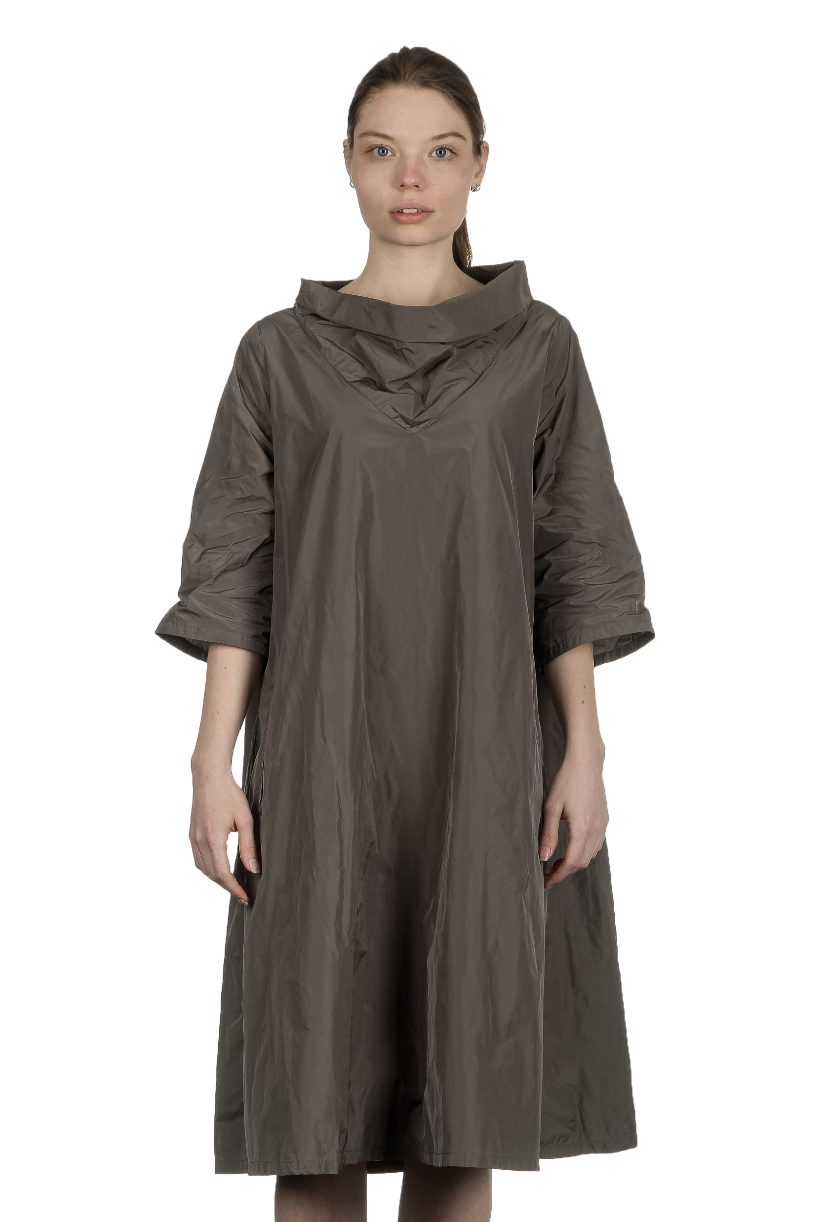 Katharina Hovman Damen Taft Kleid in A-Linie mit hohem Kragen mocca