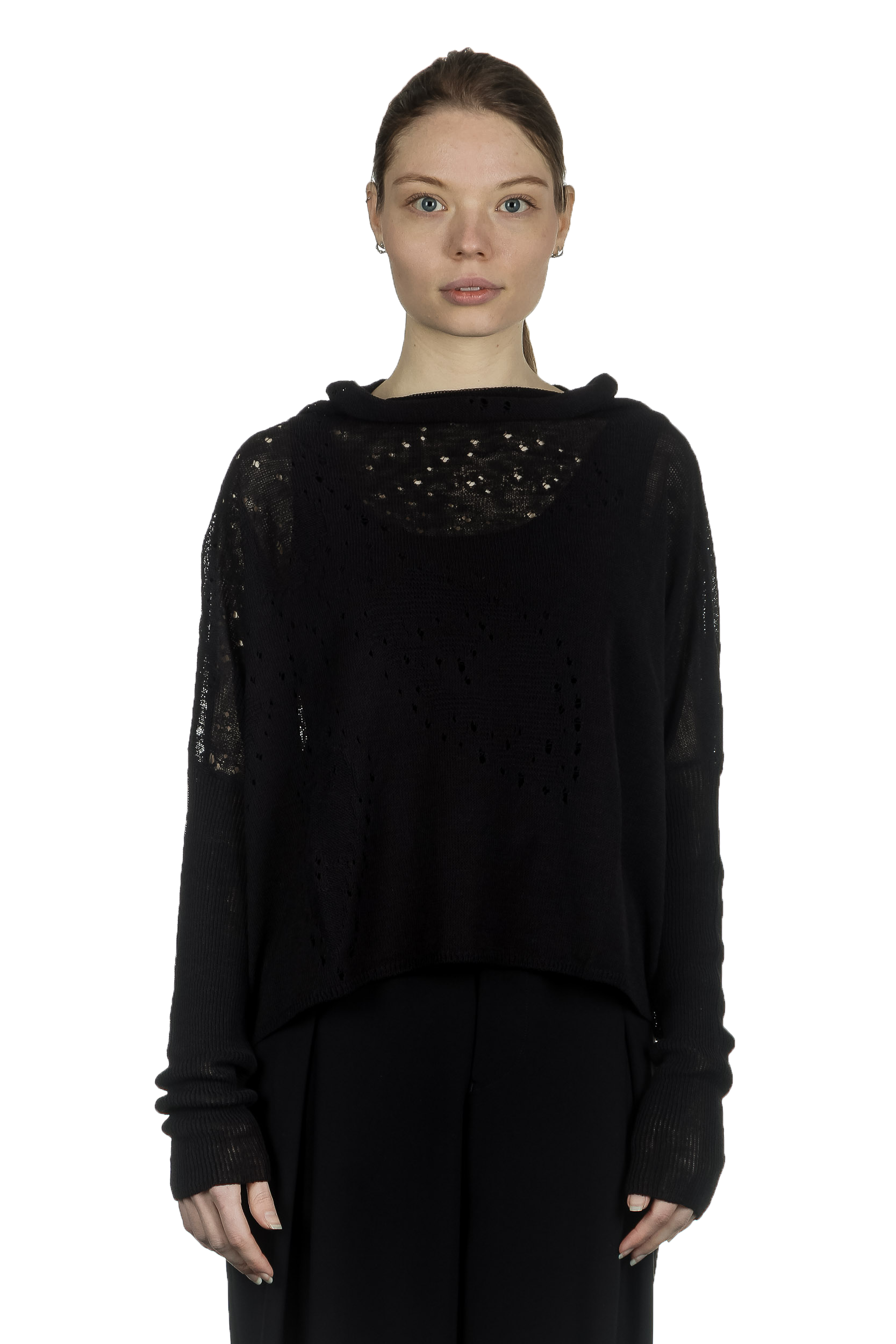 Sarah Pacini Damen Cropped Pullover mit drapiertem Kragen schwarz