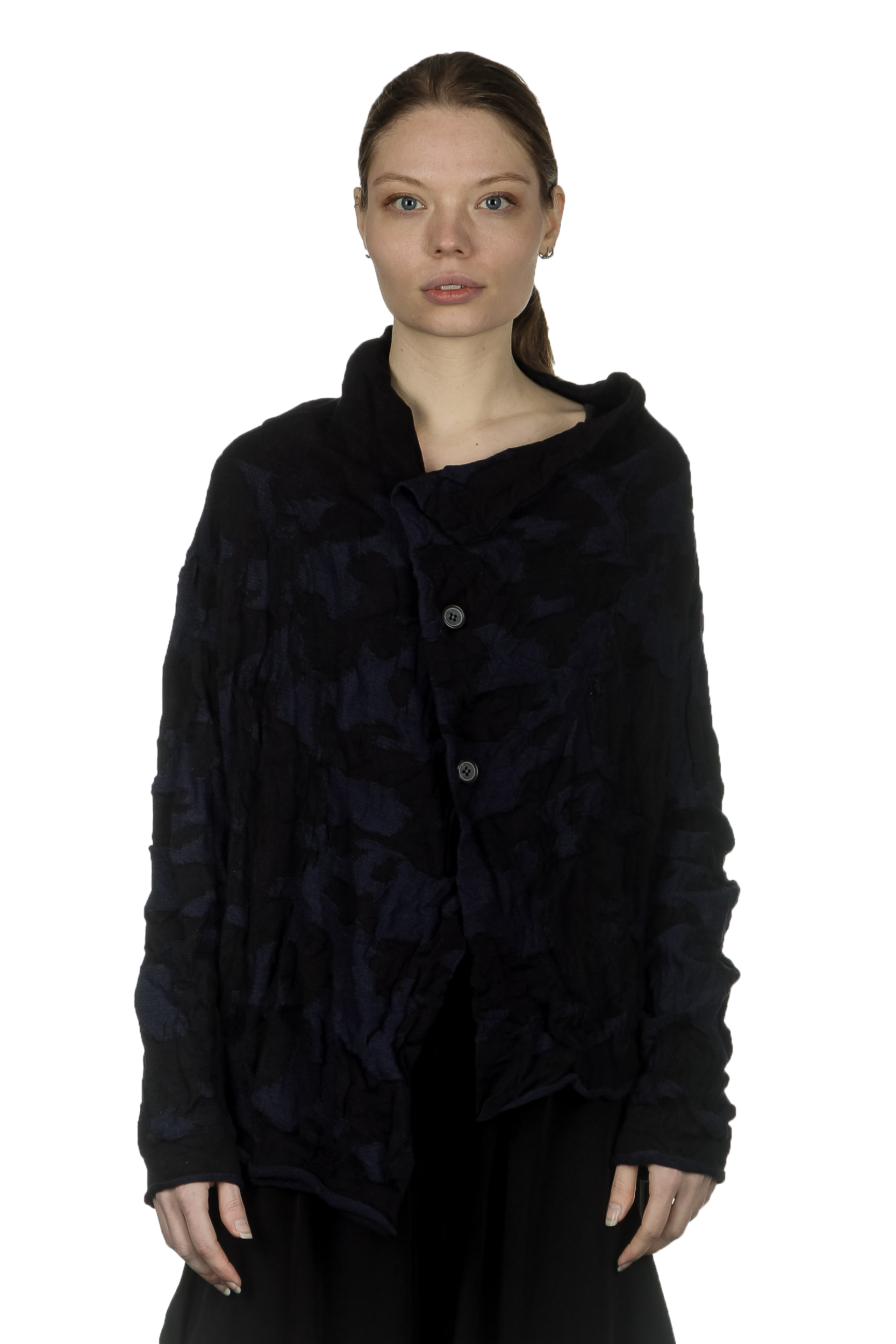 Y's Yohji Yamamoto Damen Asymmetrischer Cardigan im Camouflage-Look schwarz blau
