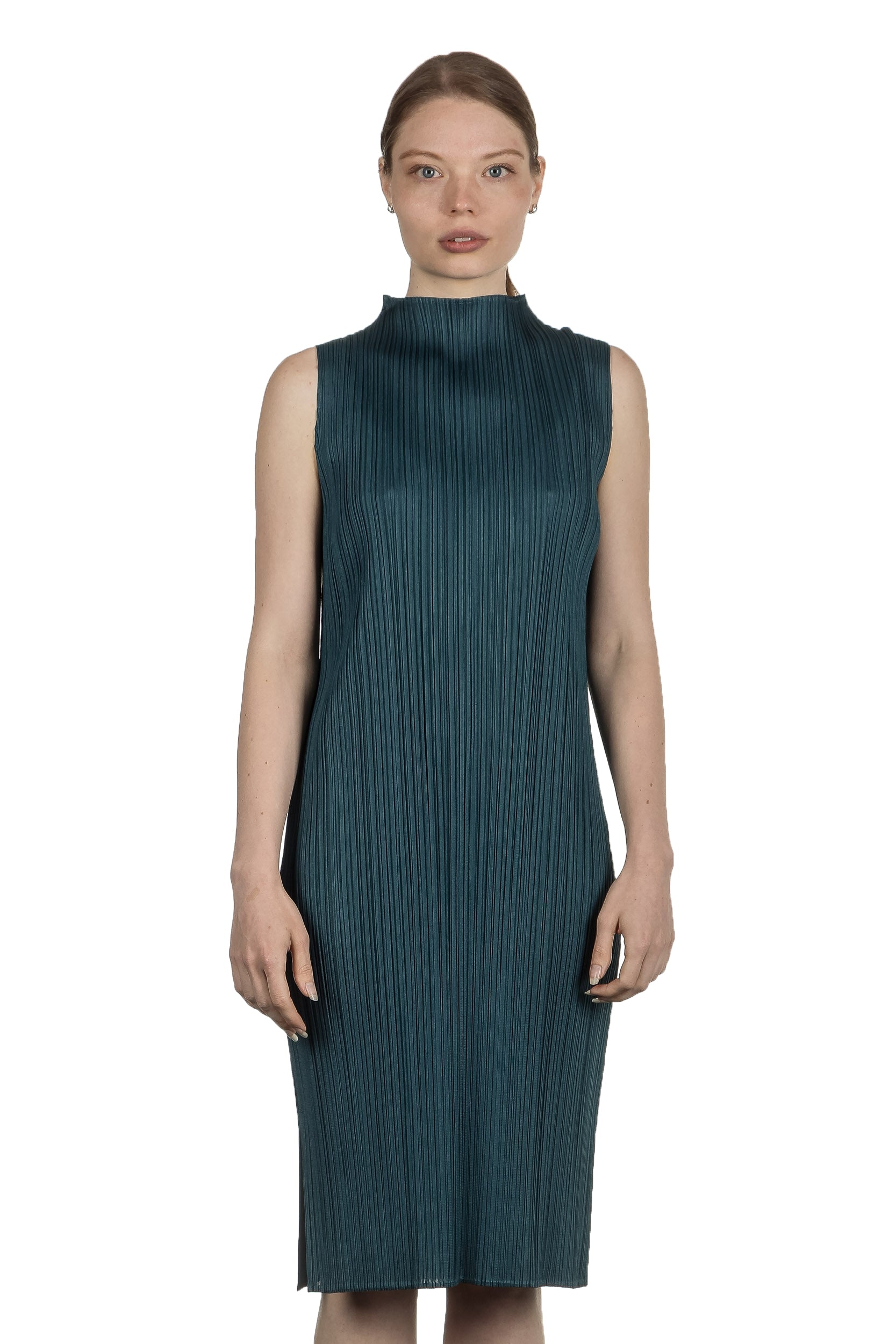 Pleats Please Issey Miyake Plissiertes Kleid mit Stehkragen grün