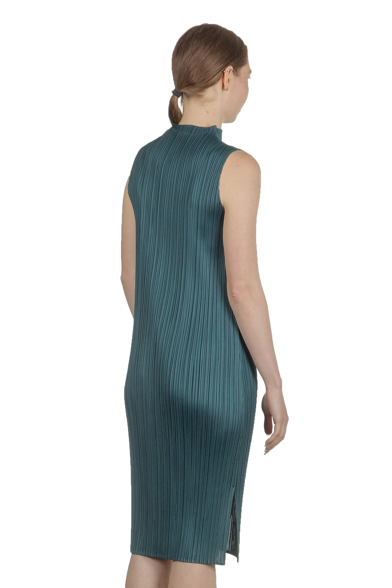 Pleats Please Issey Miyake Plissiertes Kleid mit Stehkragen grün