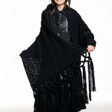 Y’s Yohji Yamamoto Strick‑Poncho, schwarz, mit Fransen